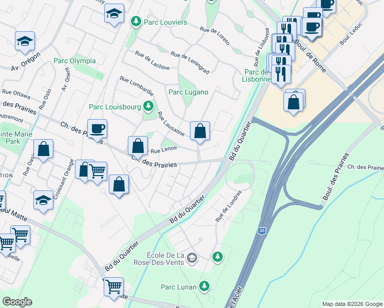 map of restaurants, bars, coffee shops, grocery stores, and more near 4435 Rue Lenoir in Brossard