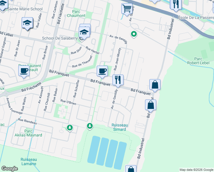 map of restaurants, bars, coffee shops, grocery stores, and more near 1426 Boulevard Franquet in Chambly
