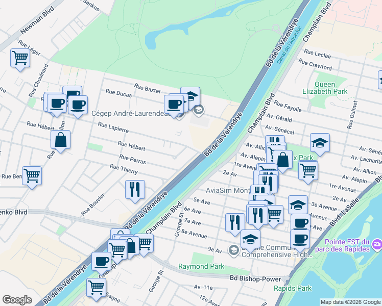 map of restaurants, bars, coffee shops, grocery stores, and more near 1000 Rue Lapierre in Montréal