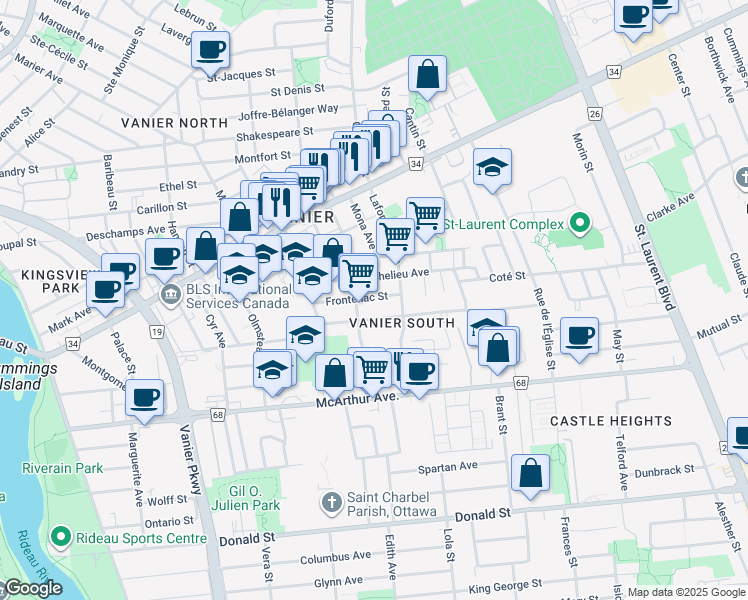 map of restaurants, bars, coffee shops, grocery stores, and more near in Ottawa