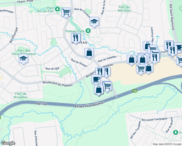 map of restaurants, bars, coffee shops, grocery stores, and more near 205 Boulevard du Plateau in Gatineau
