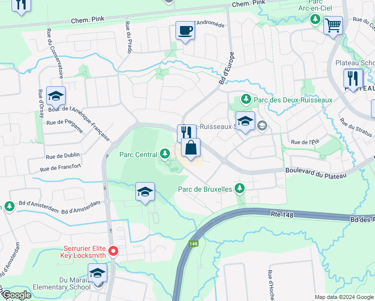 map of restaurants, bars, coffee shops, grocery stores, and more near 20 Allée de Hambourg in Gatineau