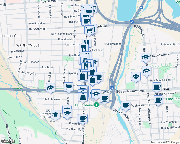 map of restaurants, bars, coffee shops, grocery stores, and more near 97 Rue Lois in Gatineau
