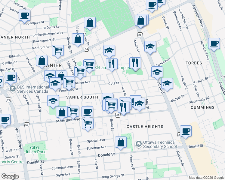 map of restaurants, bars, coffee shops, grocery stores, and more near in Ottawa