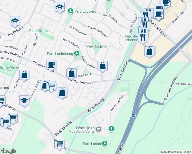 map of restaurants, bars, coffee shops, grocery stores, and more near 4405 Rue Lenoir in Brossard