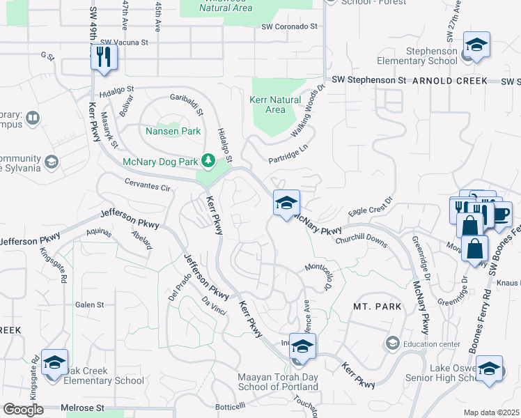 map of restaurants, bars, coffee shops, grocery stores, and more near 10 Morningview Lane in Lake Oswego