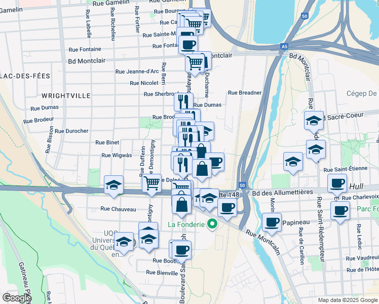 map of restaurants, bars, coffee shops, grocery stores, and more near in Gatineau