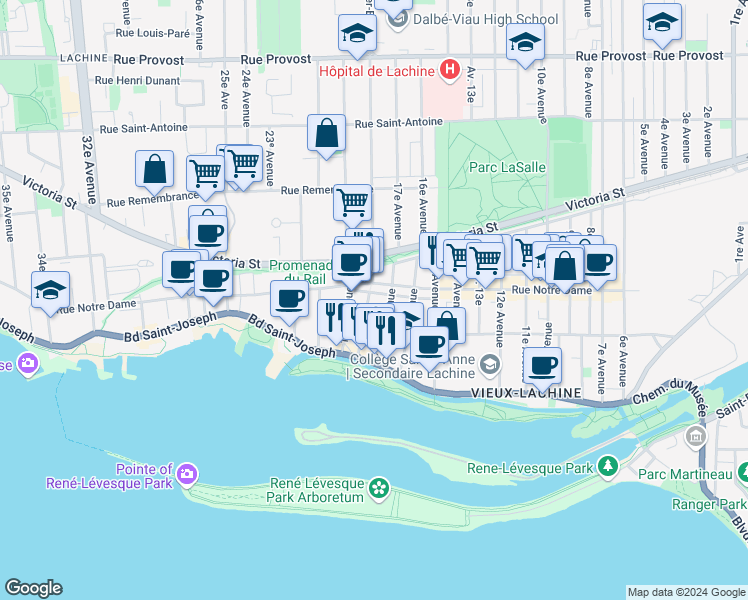 map of restaurants, bars, coffee shops, grocery stores, and more near 150 Avenue 18e in Montréal