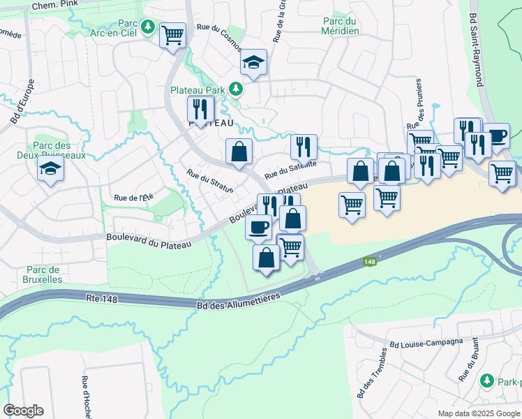 map of restaurants, bars, coffee shops, grocery stores, and more near 211 Boulevard du Plateau in Gatineau