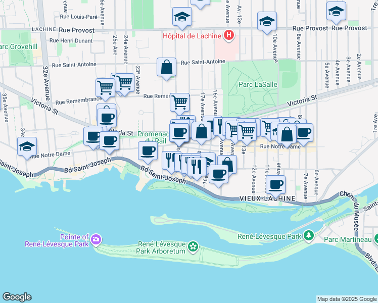 map of restaurants, bars, coffee shops, grocery stores, and more near 150 Avenue 18e in Montréal