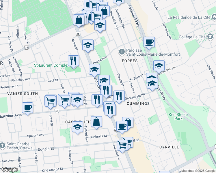 map of restaurants, bars, coffee shops, grocery stores, and more near 815 Saint Laurent Boulevard in Ottawa