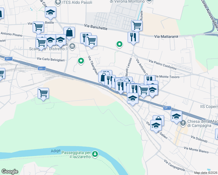 map of restaurants, bars, coffee shops, grocery stores, and more near 2 Piazza della Chiesa in Verona