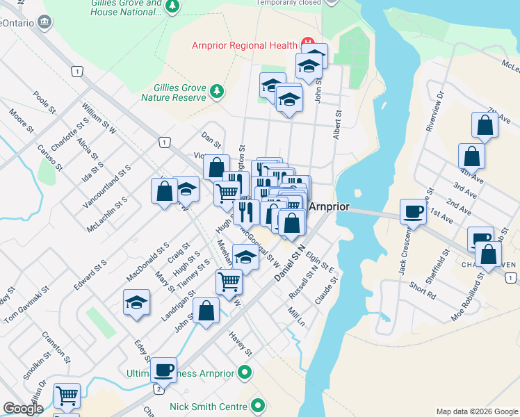 map of restaurants, bars, coffee shops, grocery stores, and more near 245 Harriet Street in Arnprior