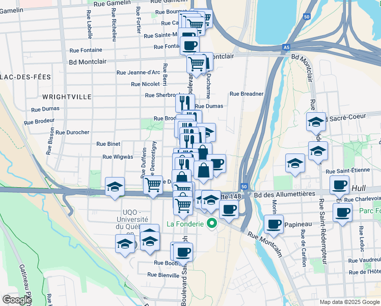 map of restaurants, bars, coffee shops, grocery stores, and more near 210 Boulevard Saint-Joseph in Gatineau