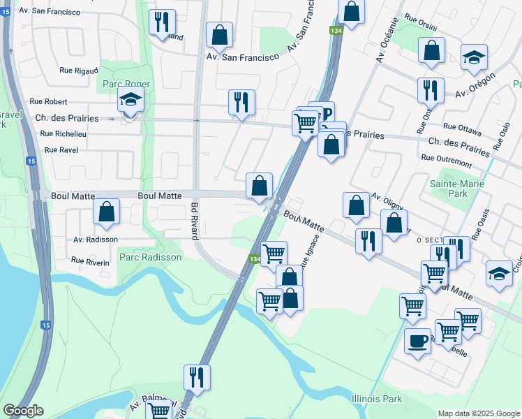map of restaurants, bars, coffee shops, grocery stores, and more near 9420 Boulevard Taschereau in Brossard