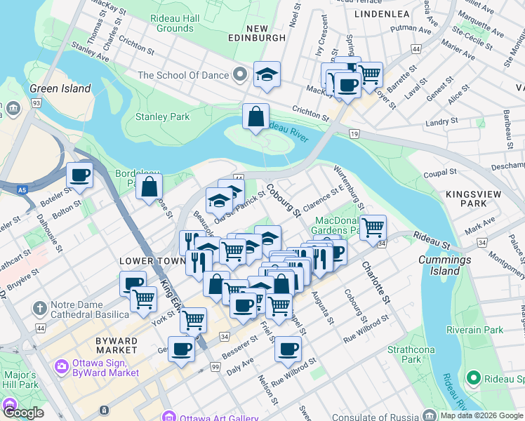 map of restaurants, bars, coffee shops, grocery stores, and more near 24 Patro Street in Ottawa