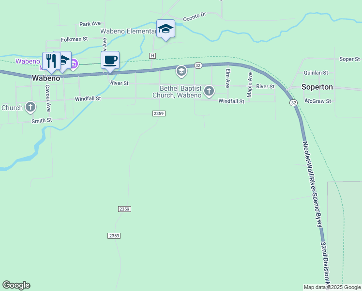 map of restaurants, bars, coffee shops, grocery stores, and more near 1741 Pearl Avenue in Wabeno