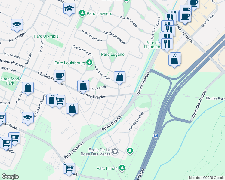 map of restaurants, bars, coffee shops, grocery stores, and more near 4405 Rue Lenoir in Brossard