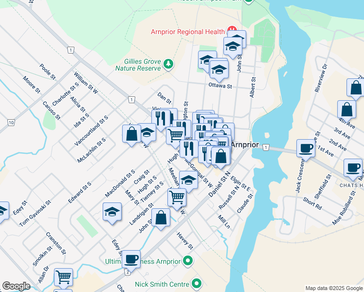map of restaurants, bars, coffee shops, grocery stores, and more near 116 Madawaska Street in Arnprior
