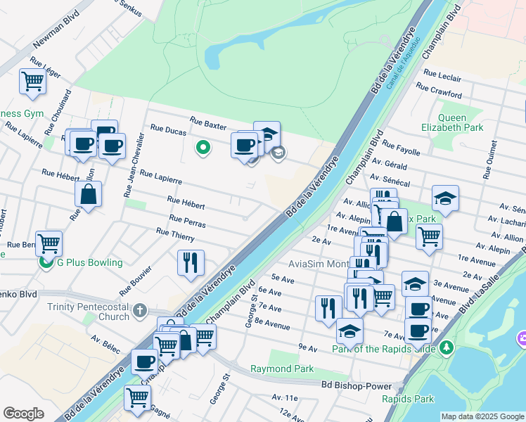 map of restaurants, bars, coffee shops, grocery stores, and more near 1000 Rue Lapierre in Montréal