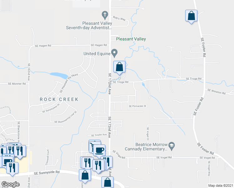 map of restaurants, bars, coffee shops, grocery stores, and more near 17287 Southeast Elias Court in Happy Valley