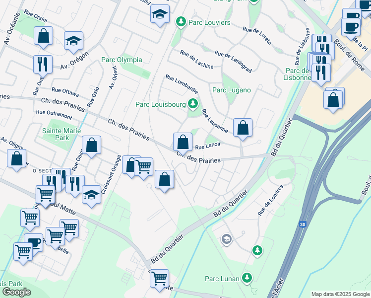 map of restaurants, bars, coffee shops, grocery stores, and more near 4145 Rue Lenoir in Brossard