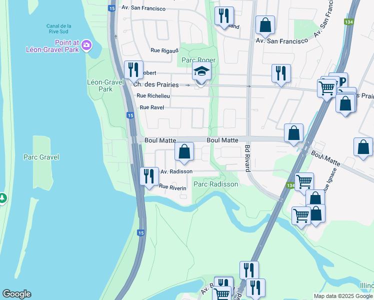 map of restaurants, bars, coffee shops, grocery stores, and more near Croissant Rainville in Brossard