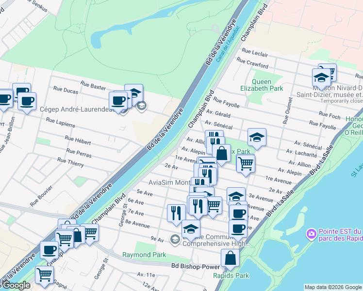 map of restaurants, bars, coffee shops, grocery stores, and more near 787 Avenue Alepin in Montréal