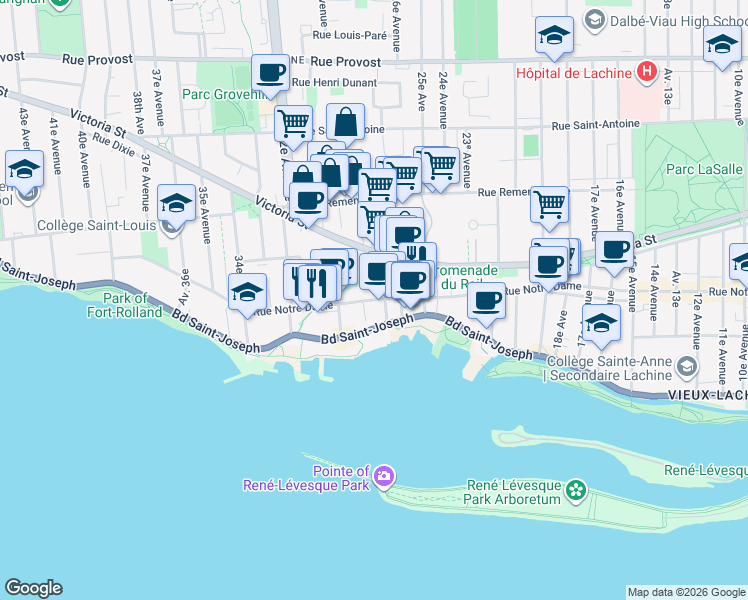map of restaurants, bars, coffee shops, grocery stores, and more near 2765 Notre Dame Street in Montreal
