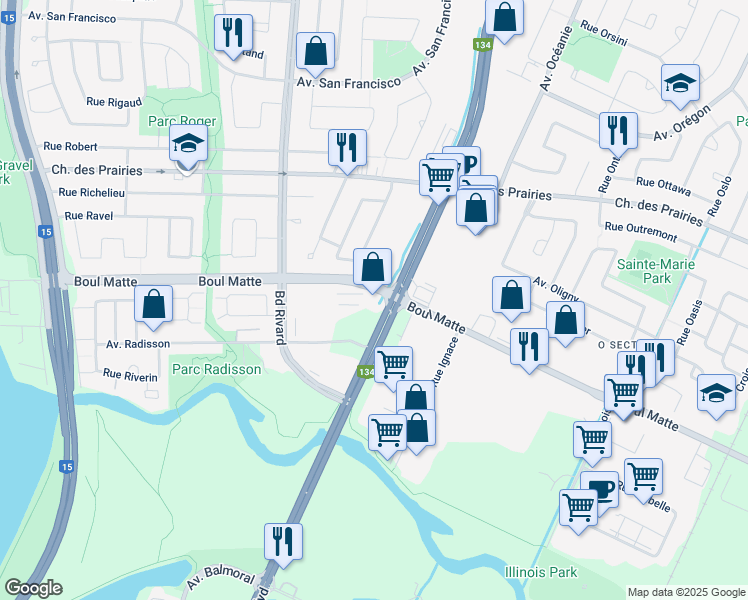 map of restaurants, bars, coffee shops, grocery stores, and more near 9420 Boulevard Taschereau in Brossard