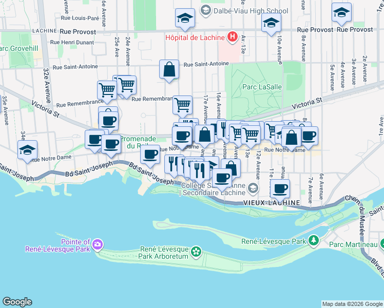 map of restaurants, bars, coffee shops, grocery stores, and more near 150 18e Avenue in Montreal