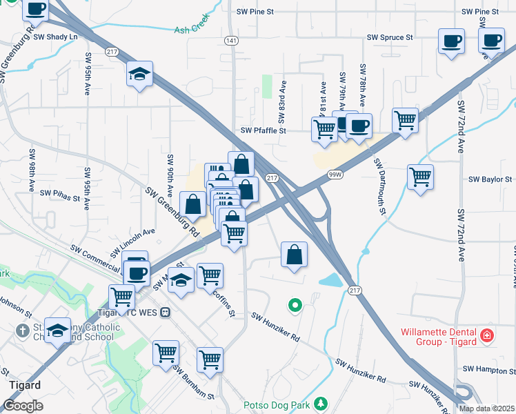 map of restaurants, bars, coffee shops, grocery stores, and more near 11760 Southwest Hall Boulevard in Tigard