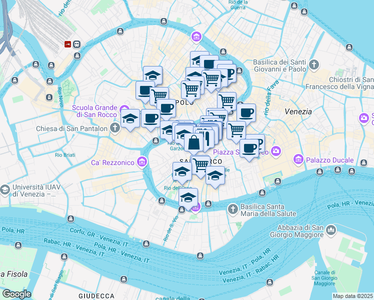 map of restaurants, bars, coffee shops, grocery stores, and more near 380 Calle Dei Avvocati in Venezia