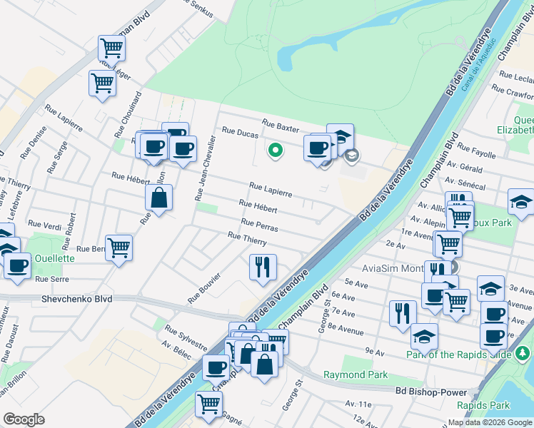 map of restaurants, bars, coffee shops, grocery stores, and more near 1388 Rue Hébert in Montréal