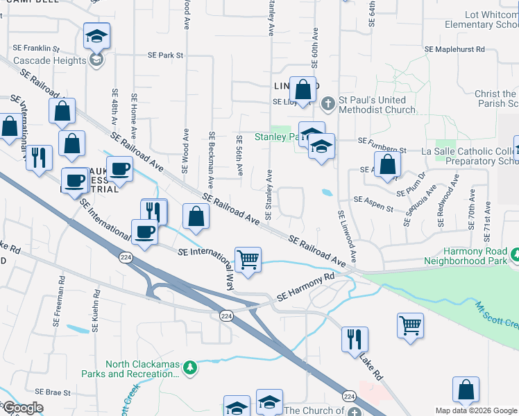 map of restaurants, bars, coffee shops, grocery stores, and more near 12107 Southeast Grove Loop in Milwaukie