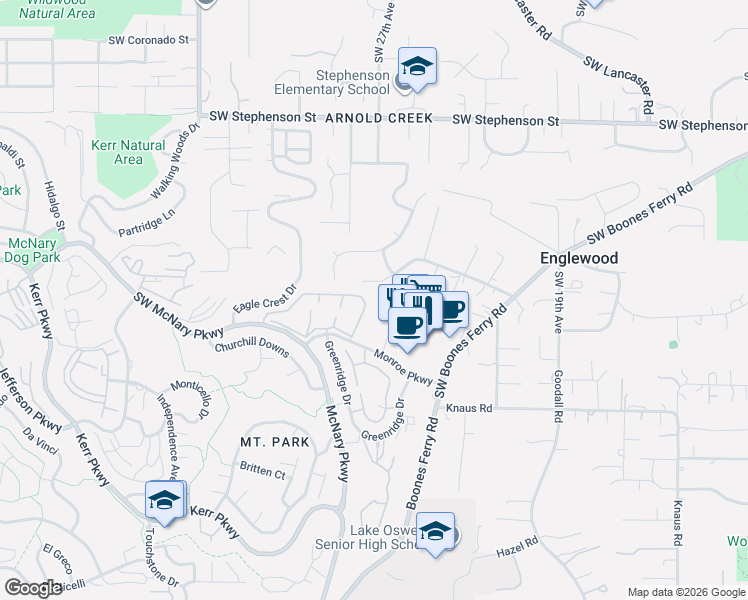 map of restaurants, bars, coffee shops, grocery stores, and more near 2828 Southwest Orchard Hill Lane in Lake Oswego