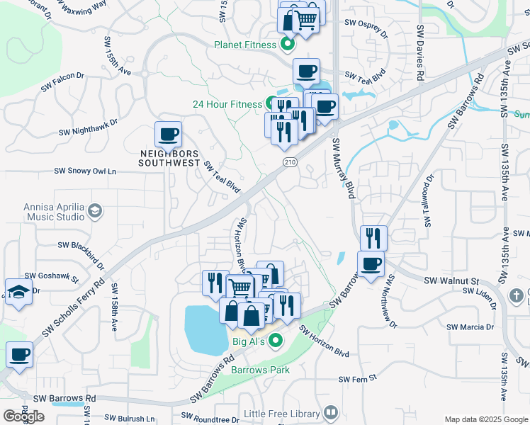 map of restaurants, bars, coffee shops, grocery stores, and more near 14900 Southwest Scholls Ferry Road in Beaverton