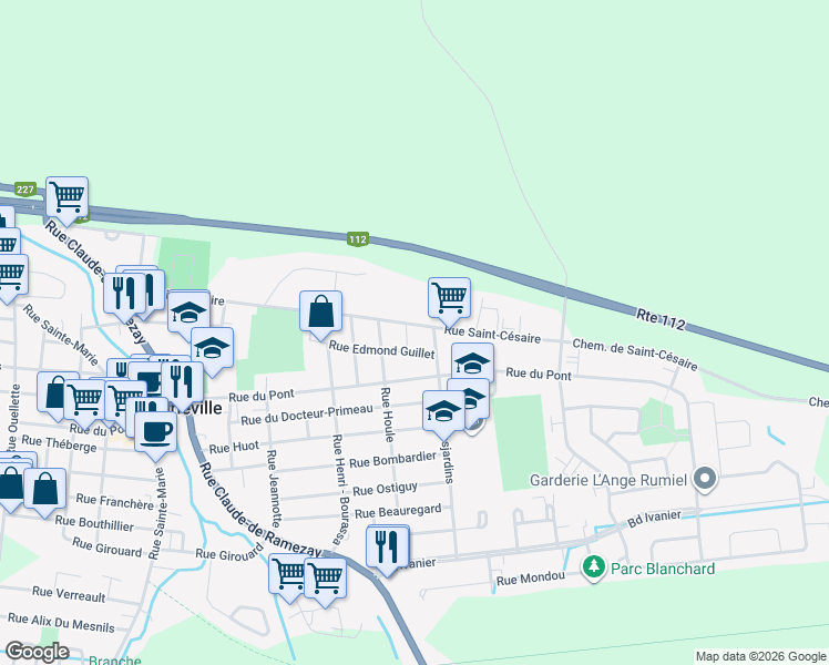 map of restaurants, bars, coffee shops, grocery stores, and more near 2250 Rue Saint-Césaire in Marieville