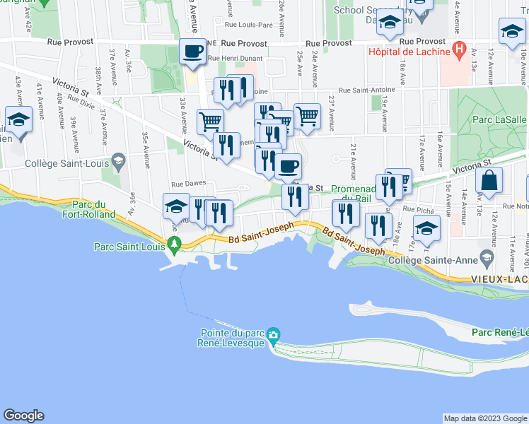 map of restaurants, bars, coffee shops, grocery stores, and more near 110 Rue Notre-Dame Ouest in Montréal