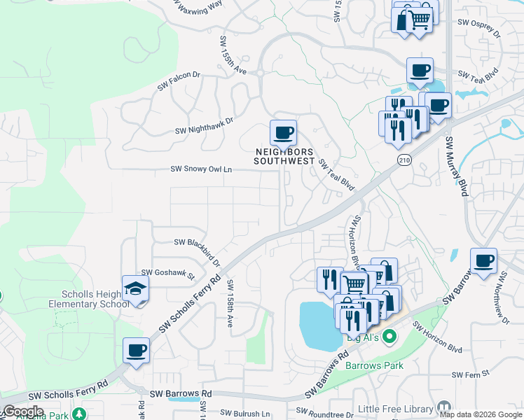 map of restaurants, bars, coffee shops, grocery stores, and more near 15598 SW Wren Lane in Beaverton