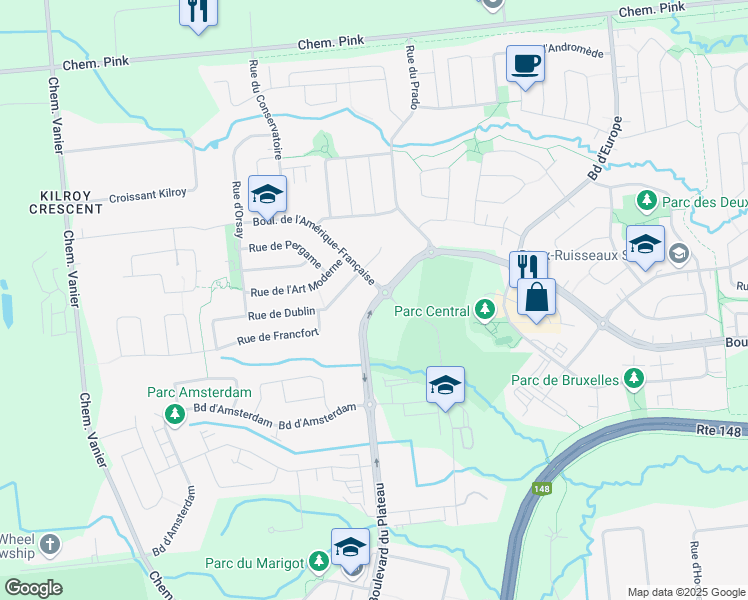 map of restaurants, bars, coffee shops, grocery stores, and more near 515 Boulevard du Plateau in Gatineau