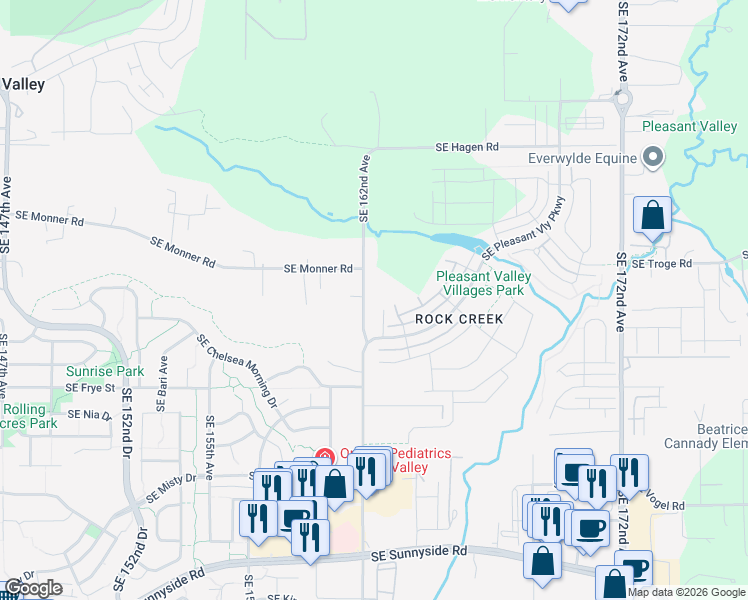 map of restaurants, bars, coffee shops, grocery stores, and more near 12170 Southeast 162nd Avenue in Happy Valley