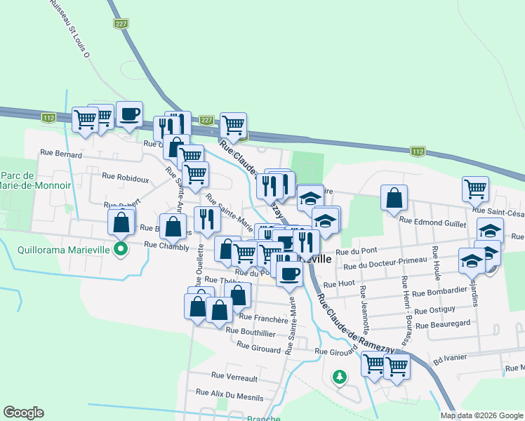 map of restaurants, bars, coffee shops, grocery stores, and more near 1430 Rue Edmond Guillet in Marieville