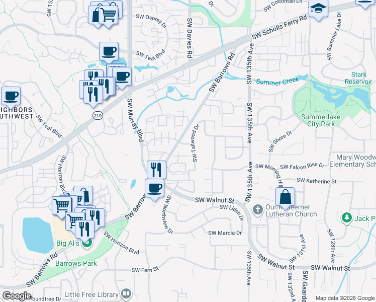 map of restaurants, bars, coffee shops, grocery stores, and more near 14098 Southwest Springbrook Lane in Tigard