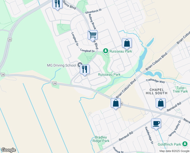 map of restaurants, bars, coffee shops, grocery stores, and more near 2412 Des Pruches Avenue in Ottawa