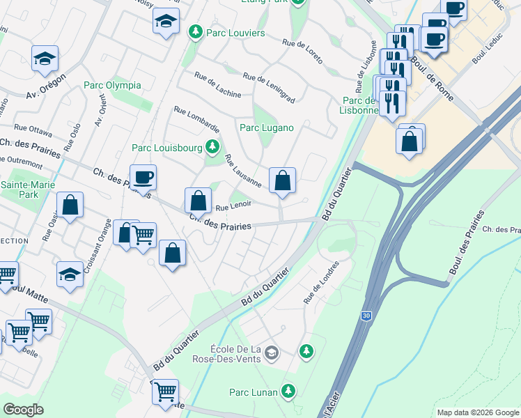 map of restaurants, bars, coffee shops, grocery stores, and more near 4375 Rue Lenoir in Brossard