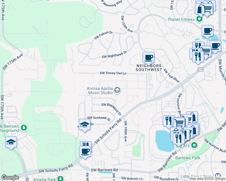 map of restaurants, bars, coffee shops, grocery stores, and more near 15956 SW Wren Lane in Beaverton