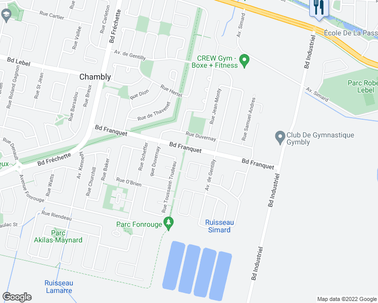 map of restaurants, bars, coffee shops, grocery stores, and more near 1412 Boulevard Franquet in Chambly