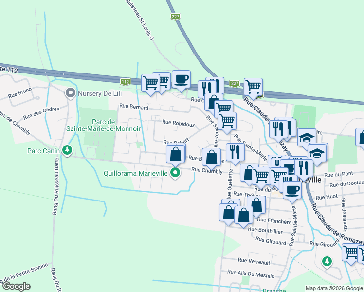 map of restaurants, bars, coffee shops, grocery stores, and more near 690 Rue Robert in Marieville