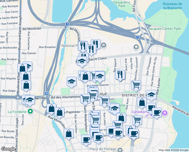 map of restaurants, bars, coffee shops, grocery stores, and more near 55 Rue Saint-Henri in Gatineau